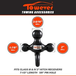 Towever 84181P Class 3/4 Trailer Hitch Tri Ball Mount with Hook (Black, Hollow Shank), for Pickup Truck Hitch Receiver Pin and Clip Included