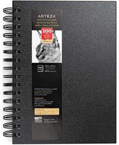 arteza small sketch book 5.5x8.5 inches, black sketch pad, 100 sheets, 68 lb 100 gsm paper, hardcover spiral-bound drawing book, use with pencils, charcoal, pens, crayons and other dry media