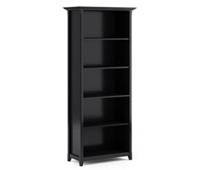 simplihome amherst solid wood 70 inch x 30 inch transitional 5 shelf bookcase in black with 5 shelves, for the living room, study and office