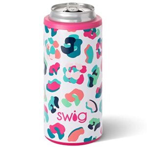 swig life skinny can cooler, stainless steel, dishwasher safe, triple insulated slim can sleeve for 12oz tall skinny can beverages in party animal print