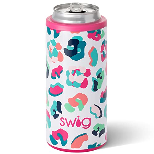 Swig Life Skinny Can Cooler, Stainless Steel, Dishwasher Safe, Triple Insulated Slim Can Sleeve for 12oz Tall Skinny Can Beverages in Party Animal Print