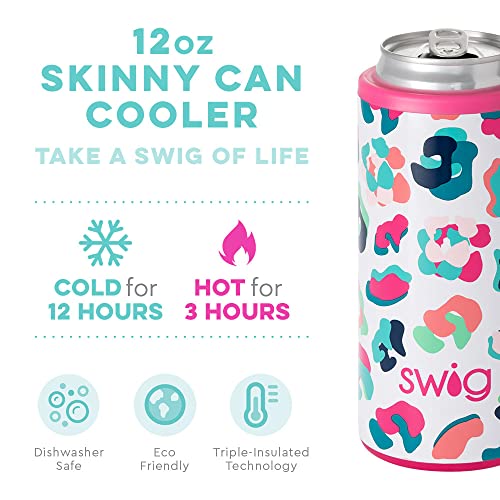 Swig Life Skinny Can Cooler, Stainless Steel, Dishwasher Safe, Triple Insulated Slim Can Sleeve for 12oz Tall Skinny Can Beverages in Party Animal Print