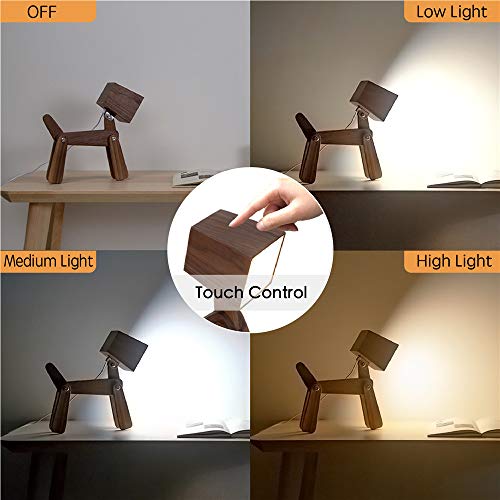 HROOME Fun Unique Dog Table Lamp Dimmable Touch Sensor Wood Cute Bedside Desk Lamp Warm White Light Gifts for Kids Boys Girls Living Room Bedrooms Reading Writing (Medium-Walnut Color)