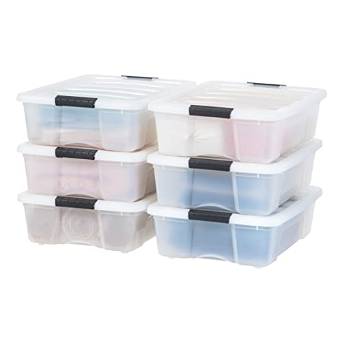 IRIS USA 26.95 Qt. Plastic Storage Container Bin with Secure Lid and Latching Buckles, 6 pack - Pearl, Durable Stackable Nestable Organizing Tote Tub Box Toy General Organization Medium