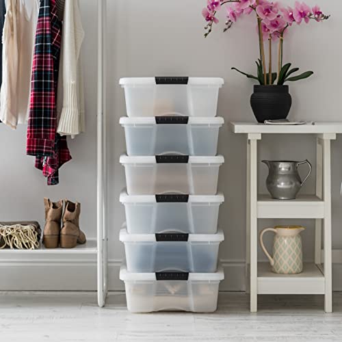 IRIS USA 26.95 Qt. Plastic Storage Container Bin with Secure Lid and Latching Buckles, 6 pack - Pearl, Durable Stackable Nestable Organizing Tote Tub Box Toy General Organization Medium