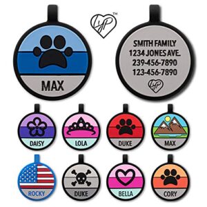 lyp - our original soundless pet id tag - largest line of silicone dog tags - no more jingling dog tags -durable - never fades - customized deep engraved silicone (paw - blue)