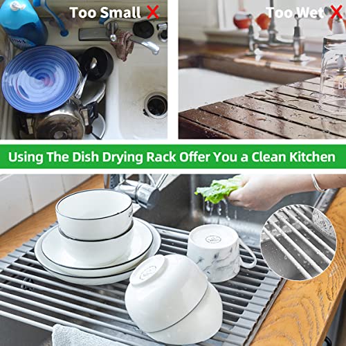 Wizdays Roll Up Dish Drying Rack Kitchen Sink, 20.5"x13" Foldable Food Safe Grade Silicone Wrapped Stainless Steel Dish Drying Rack, Space Saver, Easy to Use, Clean & Store