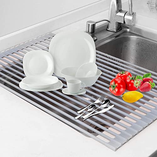 Wizdays Roll Up Dish Drying Rack Kitchen Sink, 20.5"x13" Foldable Food Safe Grade Silicone Wrapped Stainless Steel Dish Drying Rack, Space Saver, Easy to Use, Clean & Store