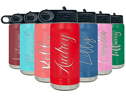 Personalized Bottle 20 oz with Straw Red Custom Laser Engraved Stainless Steel Vacuum Insulated Sport Bottle with Name