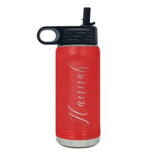 Personalized Bottle 20 oz with Straw Red Custom Laser Engraved Stainless Steel Vacuum Insulated Sport Bottle with Name