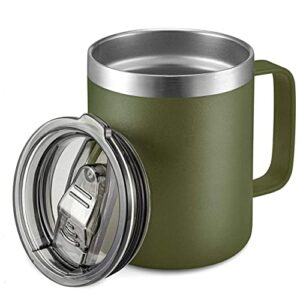 aloufea 12oz stainless steel insulated coffee mug with handle, double wall vacuum travel mug, tumbler cup with sliding lid, army green