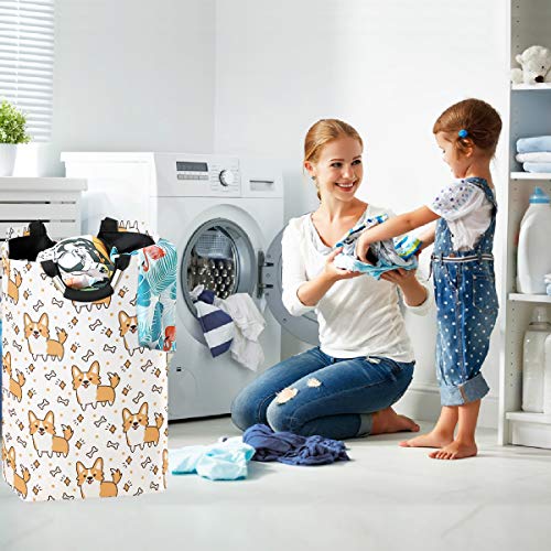 visesunny Collapsible Laundry Basket Corgi Dog with Bone Cartoon Animal Large Laundry Hamper with Handle Toys and Clothing Organization for Bathroom, Bedroom, Home, Dorm, Travel