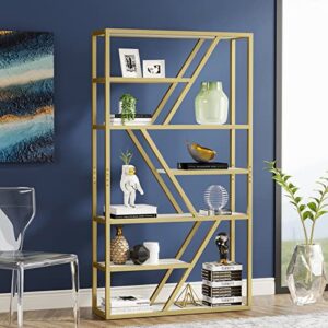 tribesigns gold bookshelf, 7-shelves modern etagere bookcase, staggered book shelves display shelf organizer with open storage & gold sturdy metal frame for home office