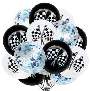 amosfun 15pcs checkered racing car flags latex balloons confetti balloons for race car themed birthday party decorations (blue confetti)