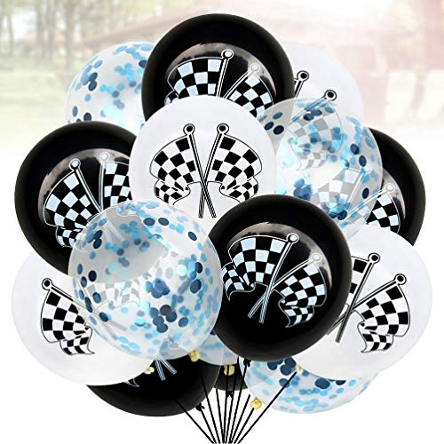 Amosfun 15pcs Checkered Racing car Flags Latex Balloons Confetti Balloons for Race Car Themed Birthday Party Decorations (Blue Confetti)