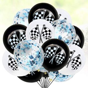 Amosfun 15pcs Checkered Racing car Flags Latex Balloons Confetti Balloons for Race Car Themed Birthday Party Decorations (Blue Confetti)