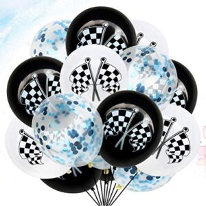 Amosfun 15pcs Checkered Racing car Flags Latex Balloons Confetti Balloons for Race Car Themed Birthday Party Decorations (Blue Confetti)