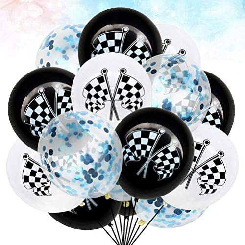 Amosfun 15pcs Checkered Racing car Flags Latex Balloons Confetti Balloons for Race Car Themed Birthday Party Decorations (Blue Confetti)