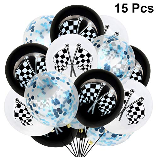 Amosfun 15pcs Checkered Racing car Flags Latex Balloons Confetti Balloons for Race Car Themed Birthday Party Decorations (Blue Confetti)