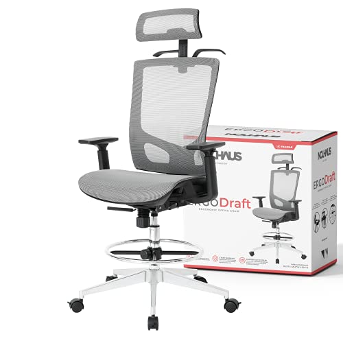 Nouhaus ErgoDraft – Ergonomic Draft Chair, Computer Chair and Office Chair with Headrest. Rolling Swivel Chair with Wheels (Grey)