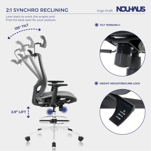 Nouhaus ErgoDraft – Ergonomic Draft Chair, Computer Chair and Office Chair with Headrest. Rolling Swivel Chair with Wheels (Grey)