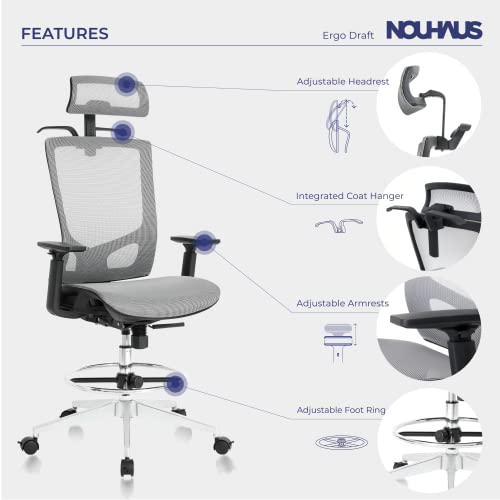 Nouhaus ErgoDraft – Ergonomic Draft Chair, Computer Chair and Office Chair with Headrest. Rolling Swivel Chair with Wheels (Grey)