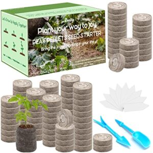 zeedix 100 pcs 30mm peat pellets seed starter soil pods plugs for vegetable, seedling soil block compressed peat nutrient seed pods for planting easy transplant with 100 plant labels & 2 garden tools