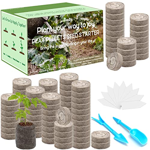 ZeeDix 100 Pcs 30mm Peat Pellets Seed Starter Soil Pods Plugs for Vegetable, Seedling Soil Block Compressed Peat Nutrient Seed Pods for Planting Easy Transplant with 100 Plant Labels & 2 Garden Tools