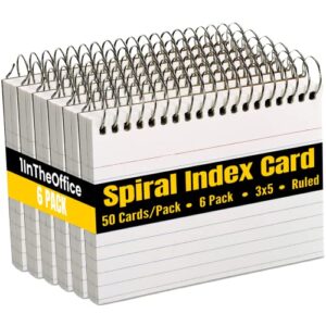 1intheoffice spiral index cards 3x5 ruled, notecard spiral bound, ruled index cards spiral bound, spiral bound index cards 50 cards/pack, 6 packs
