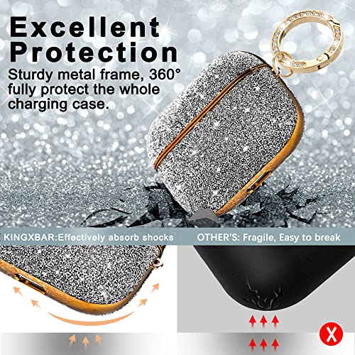 KINGXBAR Luxury AirPods Pro Case Bling Sparkle Crystals Cute Glitter Chic Design Shockproof Protective Hard Cover with Accessories Keychain for Apple AirPods Pro Silver for Girls Women