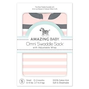 Amazing Baby 6-way Omni Swaddle Sack with Wrap & Arms Up Sleeves & Mitten Cuffs, Easy Swaddle Transition, Better Sleep for Newborn Baby Girls, Pink Stripes, Small 0-3 Months