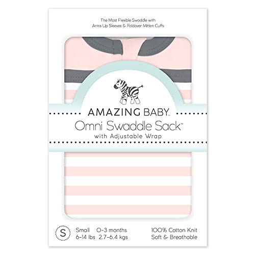 Amazing Baby 6-way Omni Swaddle Sack with Wrap & Arms Up Sleeves & Mitten Cuffs, Easy Swaddle Transition, Better Sleep for Newborn Baby Girls, Pink Stripes, Small 0-3 Months