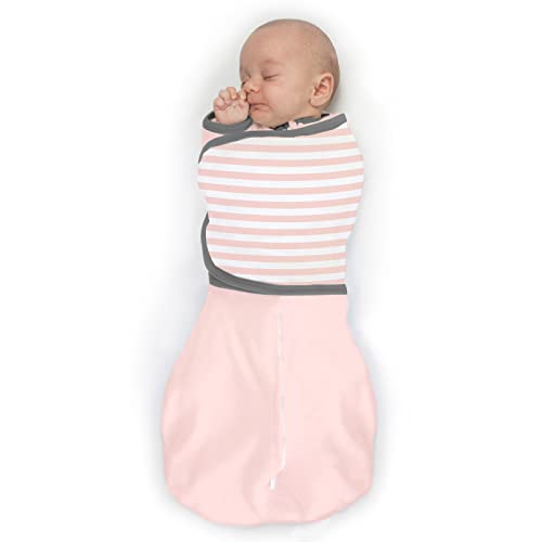 Amazing Baby 6-way Omni Swaddle Sack with Wrap & Arms Up Sleeves & Mitten Cuffs, Easy Swaddle Transition, Better Sleep for Newborn Baby Girls, Pink Stripes, Small 0-3 Months