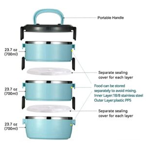 YBOBK HOME 3-Tier Cylinder Bento Lunch Box, Keep Food Warm Thermal Stackable Lunch Container For Adults To Work, Portable Insulated Stainless Steel Food Container With Bag (Blue 71oz)