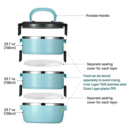 YBOBK HOME 3-Tier Cylinder Bento Lunch Box, Keep Food Warm Thermal Stackable Lunch Container For Adults To Work, Portable Insulated Stainless Steel Food Container With Bag (Blue 71oz)