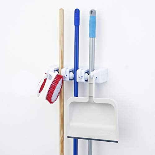 Superio Mop and Broom Holder Wall Mount White Cleaning Tools Wall Organizer, 3 Rack Slots and 4 Hooks for Kitchen Closet Garage Garden and Office (2)