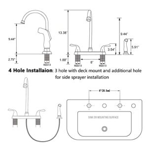 SHACO Stainless Steel Two Handle Kitchen Faucet with Sprayer,High Arch 360 Swivel Kitchen Faucet Side Sprayer for Sink 3 Hole 4 Hole