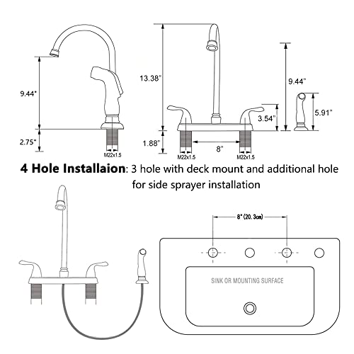 SHACO Stainless Steel Two Handle Kitchen Faucet with Sprayer,High Arch 360 Swivel Kitchen Faucet Side Sprayer for Sink 3 Hole 4 Hole