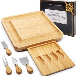 lenue premium bamboo cheese board - large charcuterie platter with stainless steel knife set - wood serving tray and accessories - perfect for birthday, bridal shower, housewarming & wedding gifts
