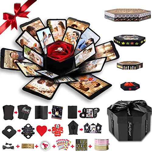 Wanateber Explosion Box, DIY Explosion Gift Box with 6 Faces, Main Part Assembled Handmade Photo Box for Birthday Gift, Anniversary, Valentine's Day, Wedding (Black)