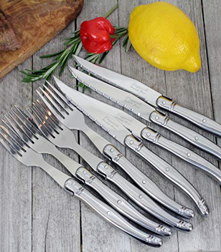 Laguiole 8-Piece Stainless Steel Forks & Steak Knife Set – 4 Steak Knives & 4 Steak Forks Silverware Set – Smooth Cut Serrated Knife Blade – Dishwasher Safe, Luxurious Steak Knives and Fork Set