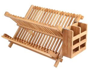 lawei bamboo dish drying rack with utensil holder - collapsible dish drainer foldable dish rack bamboo plate rack for plates, cups, mugs, utensil, flatwares