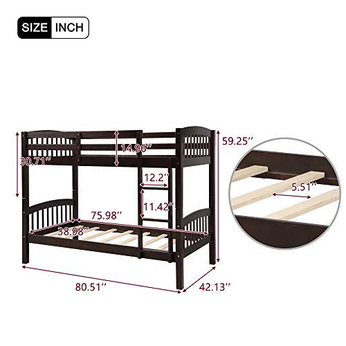 JULYFOX Bunk Bed Twin Over Twin 500 LB Heavy Duty, 2 Wood Bed Frames with Finsbury Headboard Footforad No Box Spring Need Bunk Bed W/Ladder Guard Rails for Small Spaces-Espresso