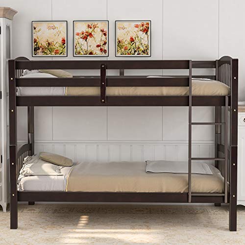 JULYFOX Bunk Bed Twin Over Twin 500 LB Heavy Duty, 2 Wood Bed Frames with Finsbury Headboard Footforad No Box Spring Need Bunk Bed W/Ladder Guard Rails for Small Spaces-Espresso