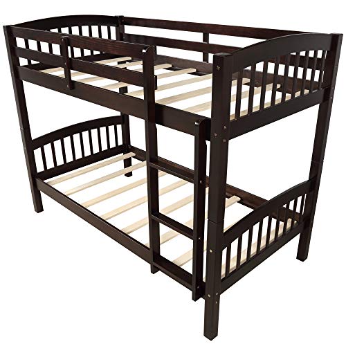 JULYFOX Bunk Bed Twin Over Twin 500 LB Heavy Duty, 2 Wood Bed Frames with Finsbury Headboard Footforad No Box Spring Need Bunk Bed W/Ladder Guard Rails for Small Spaces-Espresso