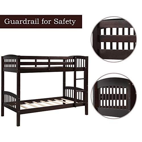 JULYFOX Bunk Bed Twin Over Twin 500 LB Heavy Duty, 2 Wood Bed Frames with Finsbury Headboard Footforad No Box Spring Need Bunk Bed W/Ladder Guard Rails for Small Spaces-Espresso