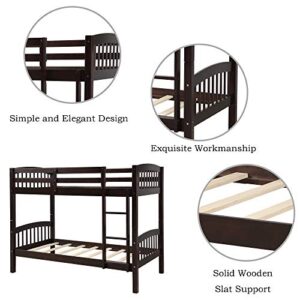 JULYFOX Bunk Bed Twin Over Twin 500 LB Heavy Duty, 2 Wood Bed Frames with Finsbury Headboard Footforad No Box Spring Need Bunk Bed W/Ladder Guard Rails for Small Spaces-Espresso