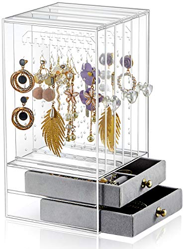 Sooyee Acrylic Earring Holder and Jewelry Organizer with 5 Drawers,Dustproof Jewelry Stand Rack Display Classic for Necklaces Bracelet Earrings and Ring,Clear