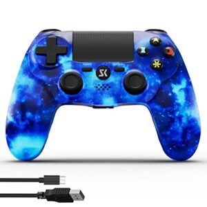 kujian wireless controller for ps4, blue galaxy style high performance remote controller for playstation 4/pro/slim/pc with double vibration, audio function, usb cable