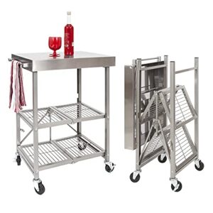 origami stainless steel cart on wheels, 3-tier foldable rolling cart made of commercial-grade metal - stainless steel design for chefs outdoor food prep folding kitchen cart